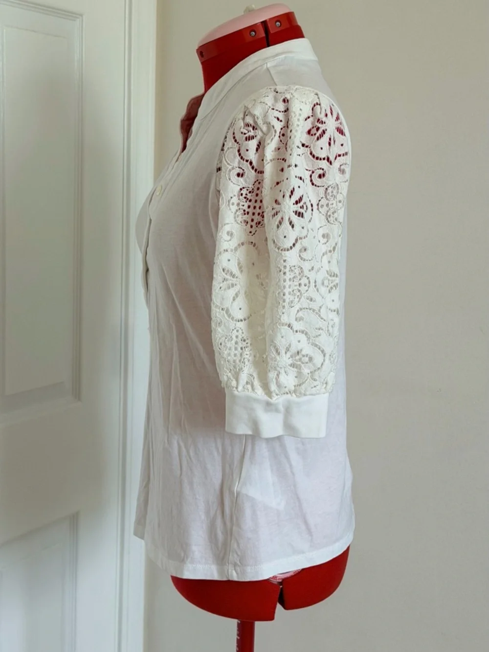 Veronica Beard Coralee Puff Lace Sleeve Cotton Top Blouse Tee Off White S - Picture 6 of 11